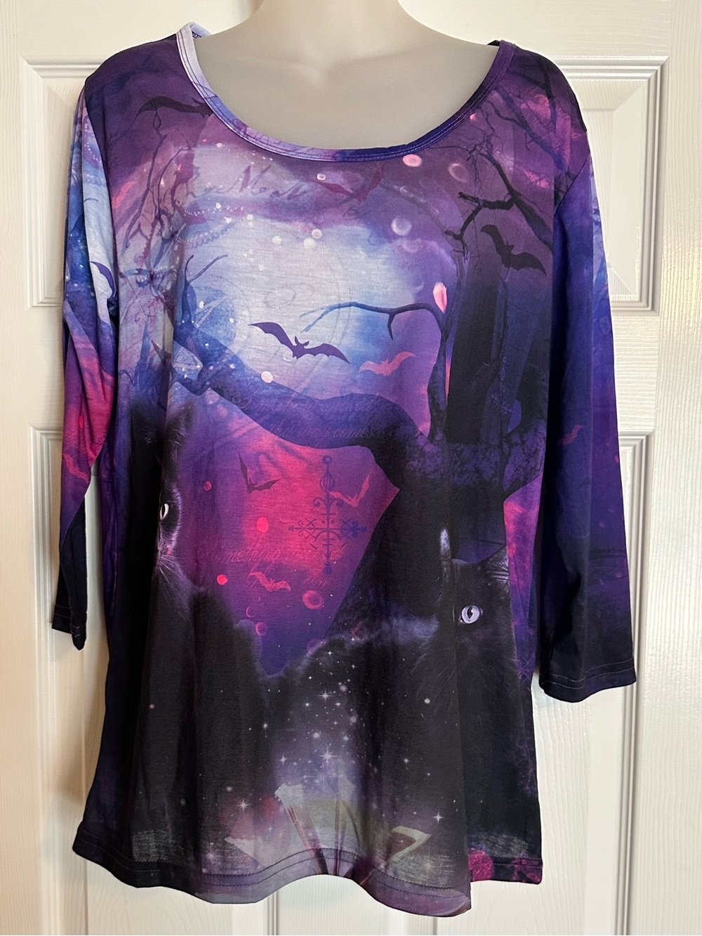 Halloween Cats & Bats Purple Twilight Print Long Sleeve Tee